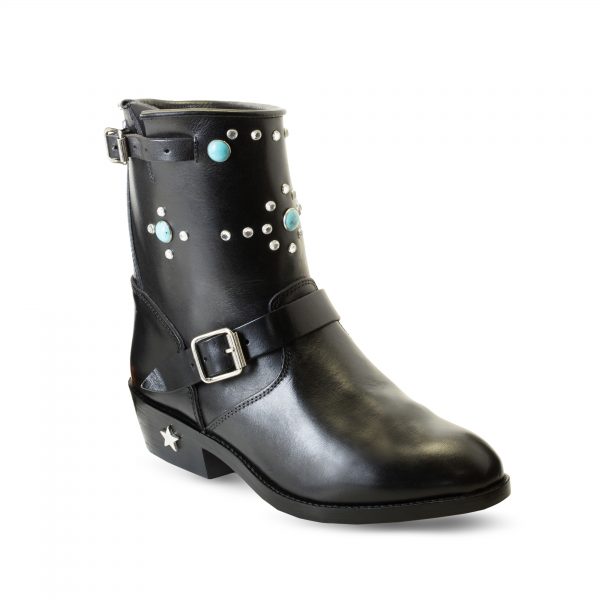 Stivali da donna fatti a mano: Biker in pelle nera con borchie.